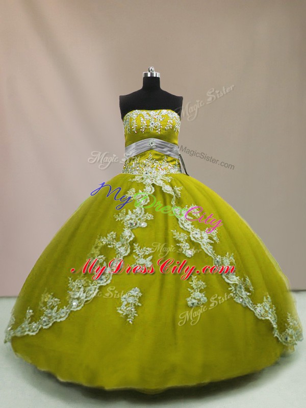 Floor Length Olive Green Sweet 16 Dresses Tulle Sleeveless Appliques