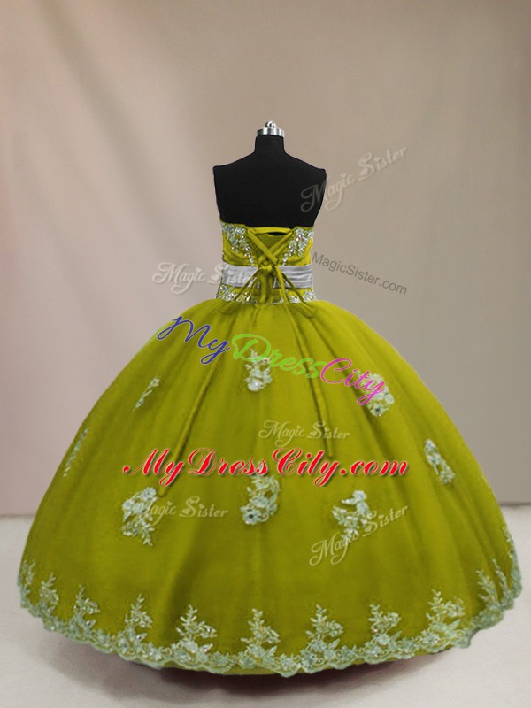 Floor Length Olive Green Sweet 16 Dresses Tulle Sleeveless Appliques