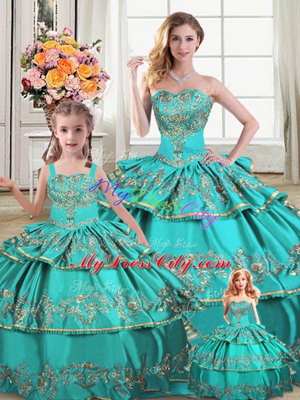 Exceptional Sleeveless Embroidery and Ruffled Layers Lace Up Quinceanera Gown