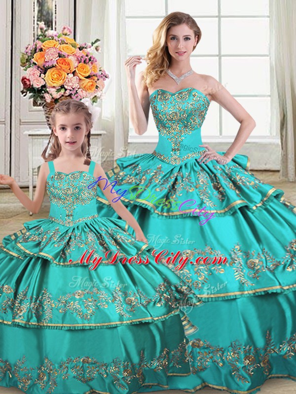 Exceptional Sleeveless Embroidery and Ruffled Layers Lace Up Quinceanera Gown