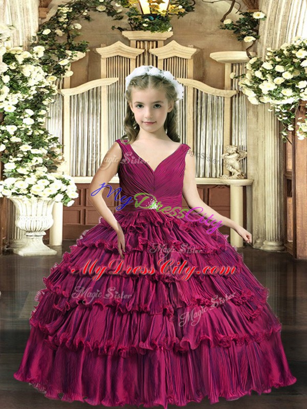 Affordable Fuchsia Backless Little Girl Pageant Dress Sleeveless Floor Length Beading and Ruffled Layers