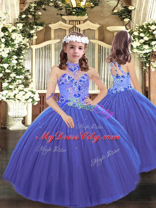 Floor Length Lace Up Girls Pageant Dresses Blue for Party and Wedding Party with Appliques