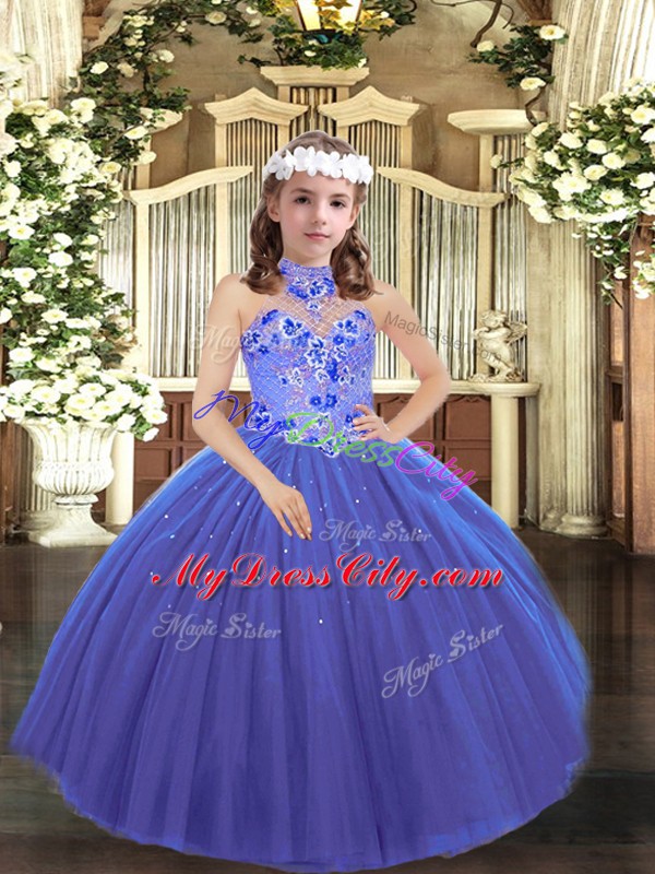 Floor Length Lace Up Girls Pageant Dresses Blue for Party and Wedding Party with Appliques