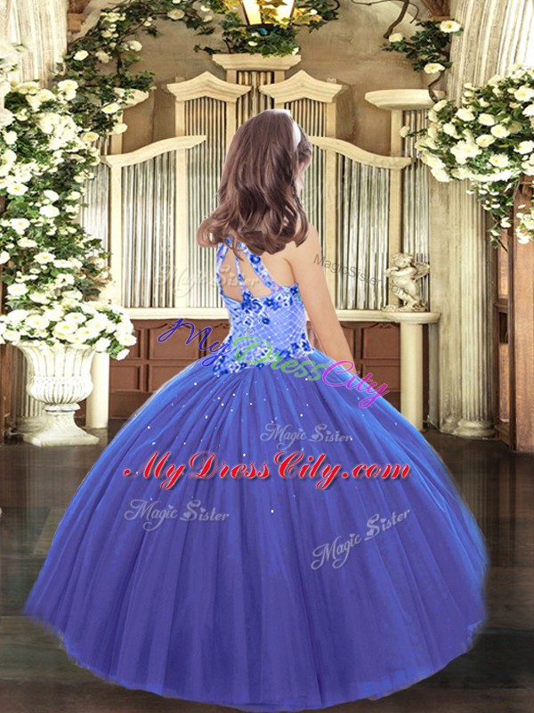 Floor Length Lace Up Girls Pageant Dresses Blue for Party and Wedding Party with Appliques