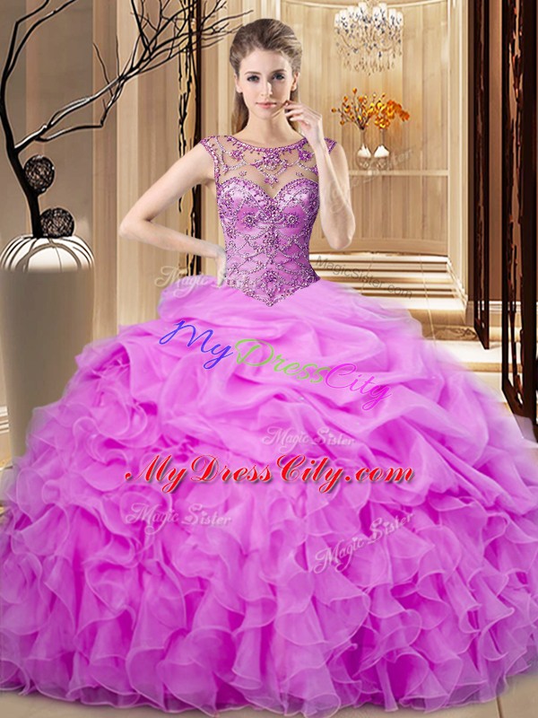 Lilac Lace Up Scoop Beading and Pick Ups Quinceanera Gowns Organza Sleeveless