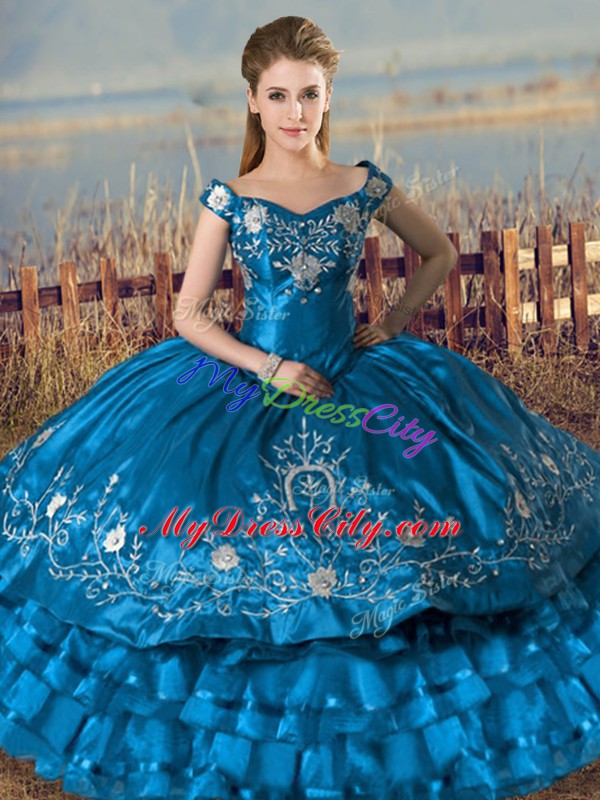 Fantastic Floor Length Teal Quinceanera Gown Satin and Organza Sleeveless Embroidery and Ruffles