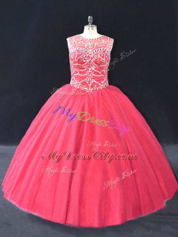 Flare Coral Red Quinceanera Gowns Sweet 16 and Quinceanera with Beading Scoop Long Sleeves Lace Up