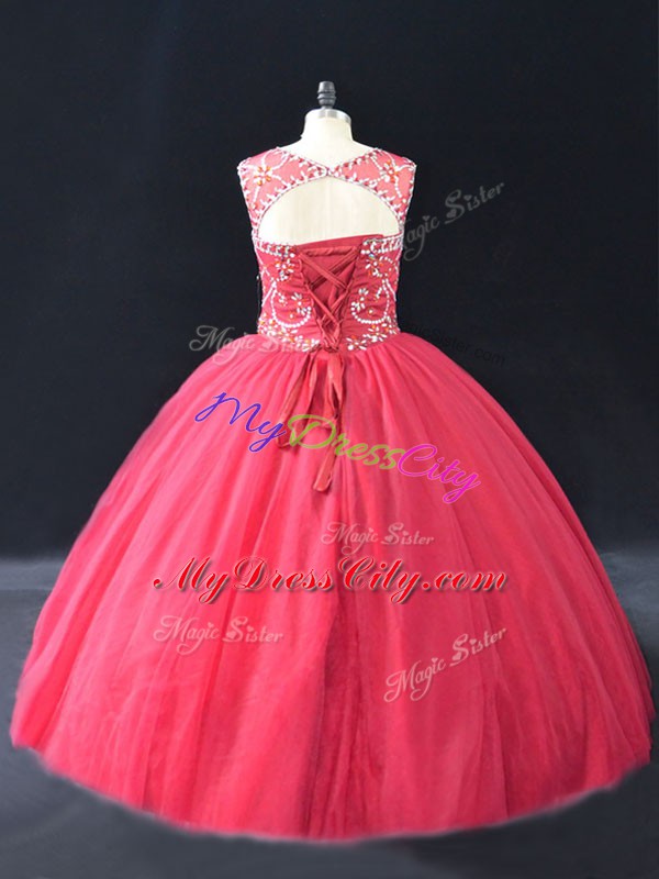 Flare Coral Red Quinceanera Gowns Sweet 16 and Quinceanera with Beading Scoop Long Sleeves Lace Up