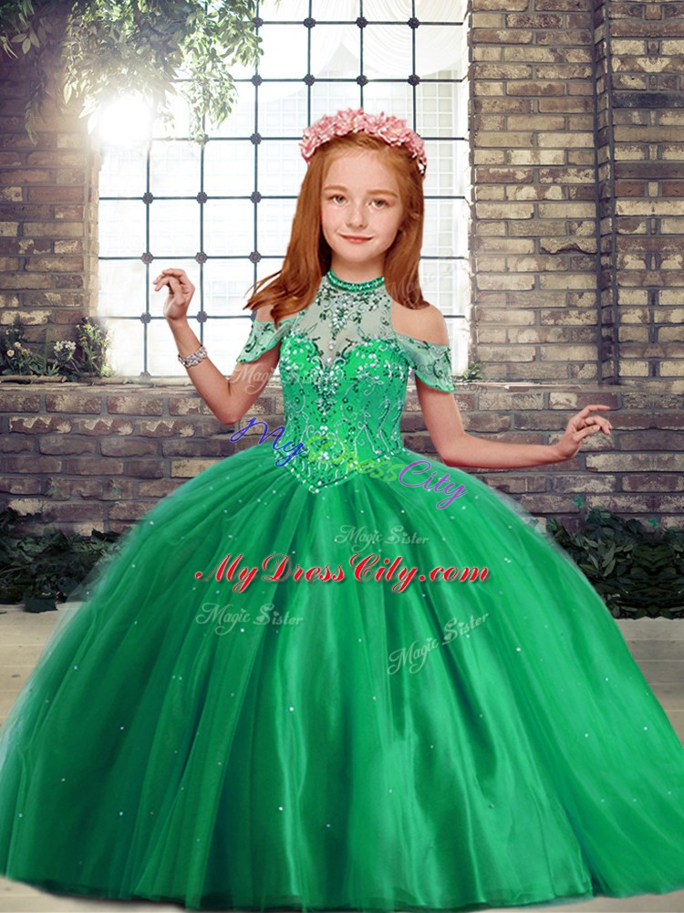 Green Ball Gowns Beading Girls Pageant Dresses Lace Up Tulle Sleeveless Floor Length