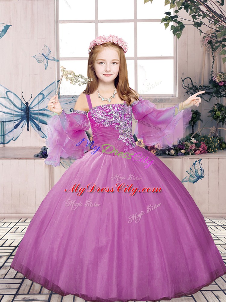 Lilac Straps Neckline Beading Pageant Gowns For Girls Sleeveless Lace Up