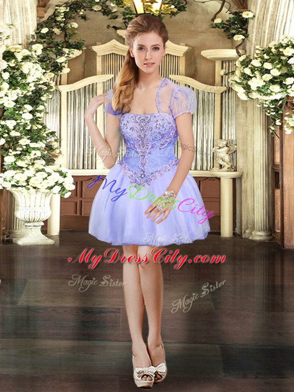 Mini Length Lavender Evening Dress Strapless Sleeveless Lace Up