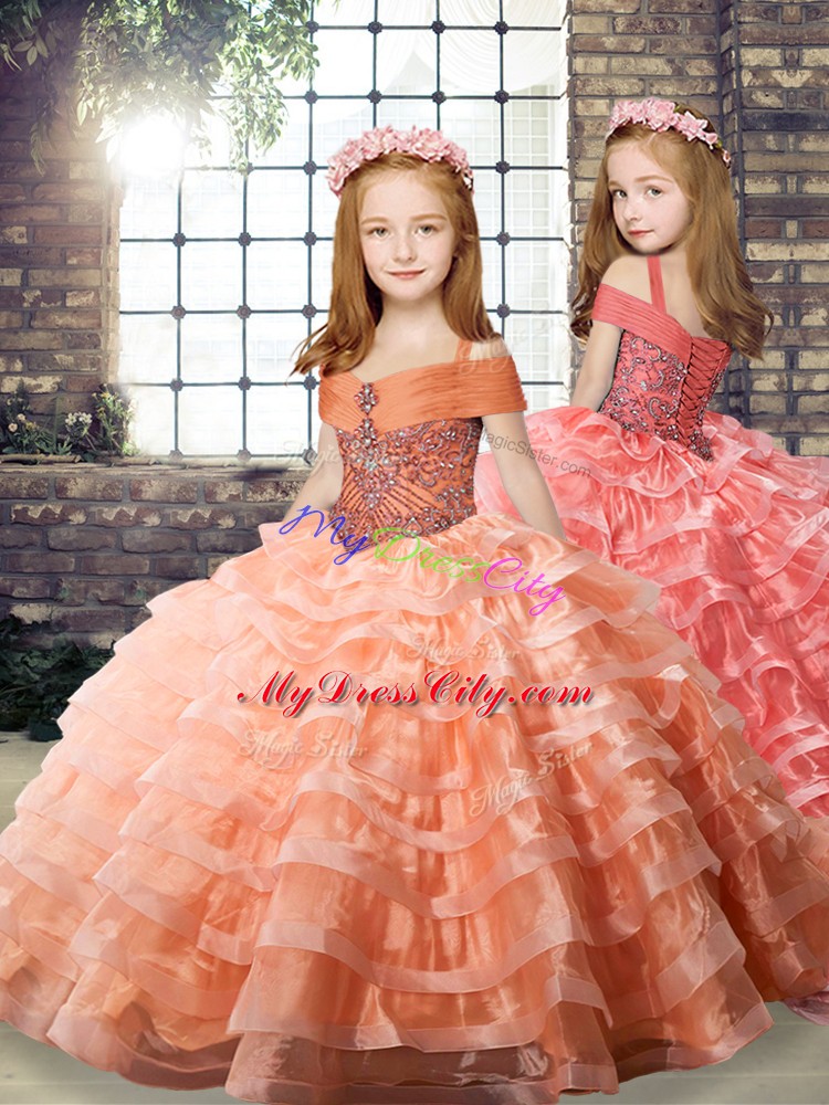 Long Sleeves Organza Brush Train Lace Up Little Girl Pageant Dress in Orange with Beading and Ruffled Layers