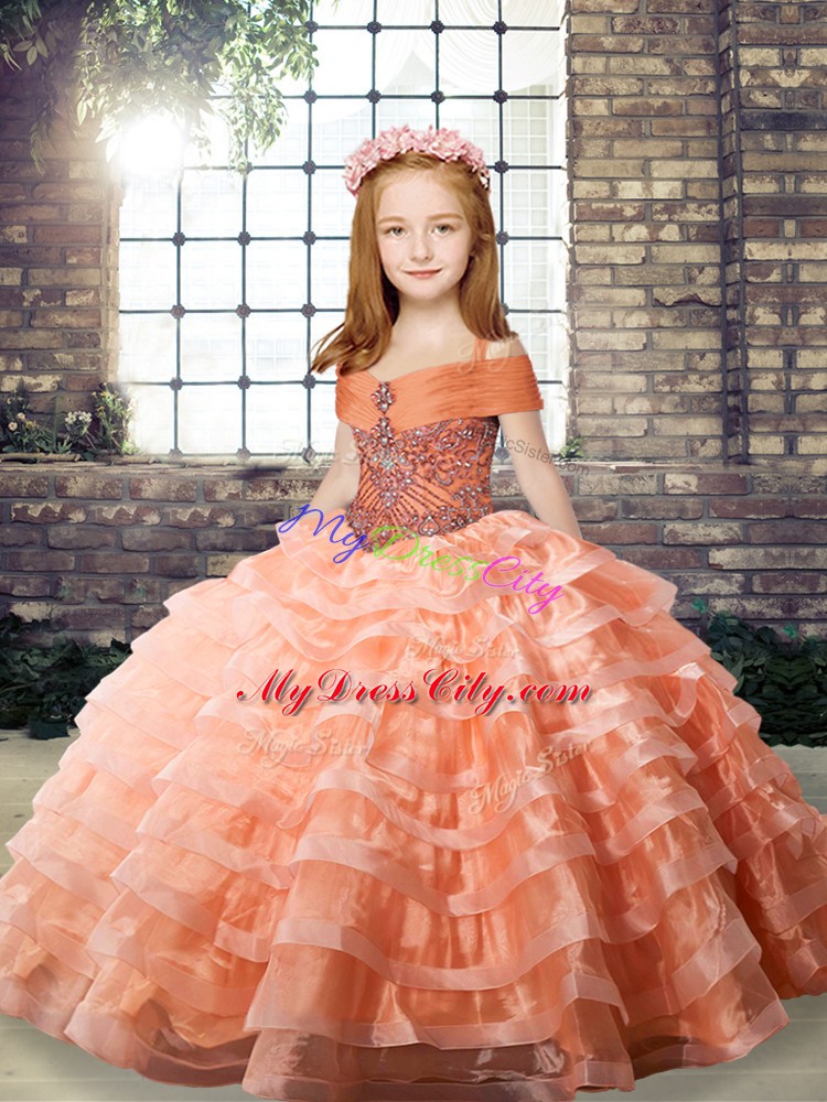 Long Sleeves Organza Brush Train Lace Up Little Girl Pageant Dress in Orange with Beading and Ruffled Layers