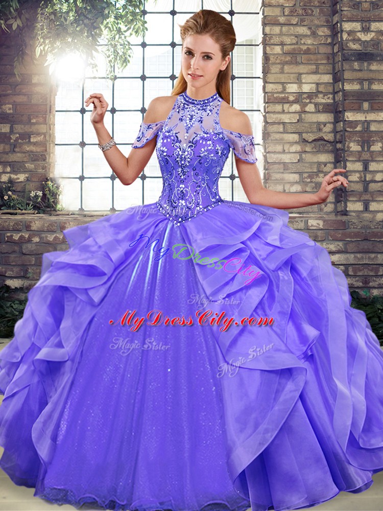 Floor Length Purple 15th Birthday Dress Organza Sleeveless Beading and Ruffles