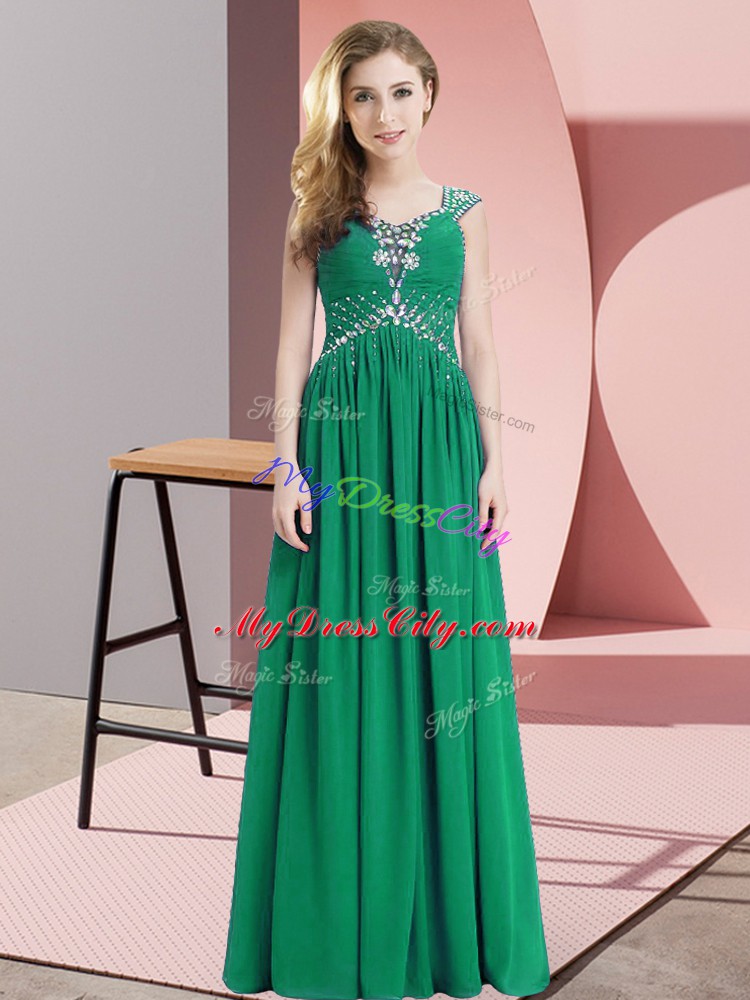 Green Empire Straps Cap Sleeves Chiffon Floor Length Lace Up Beading Prom Party Dress