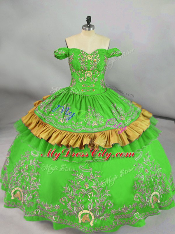 Green Sleeveless Floor Length Embroidery Lace Up Quince Ball Gowns