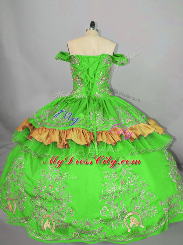 Green Sleeveless Floor Length Embroidery Lace Up Quince Ball Gowns