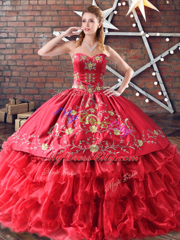 On Sale Red Embroidery and Ruffled Layers Sweet 16 Dresses Organza