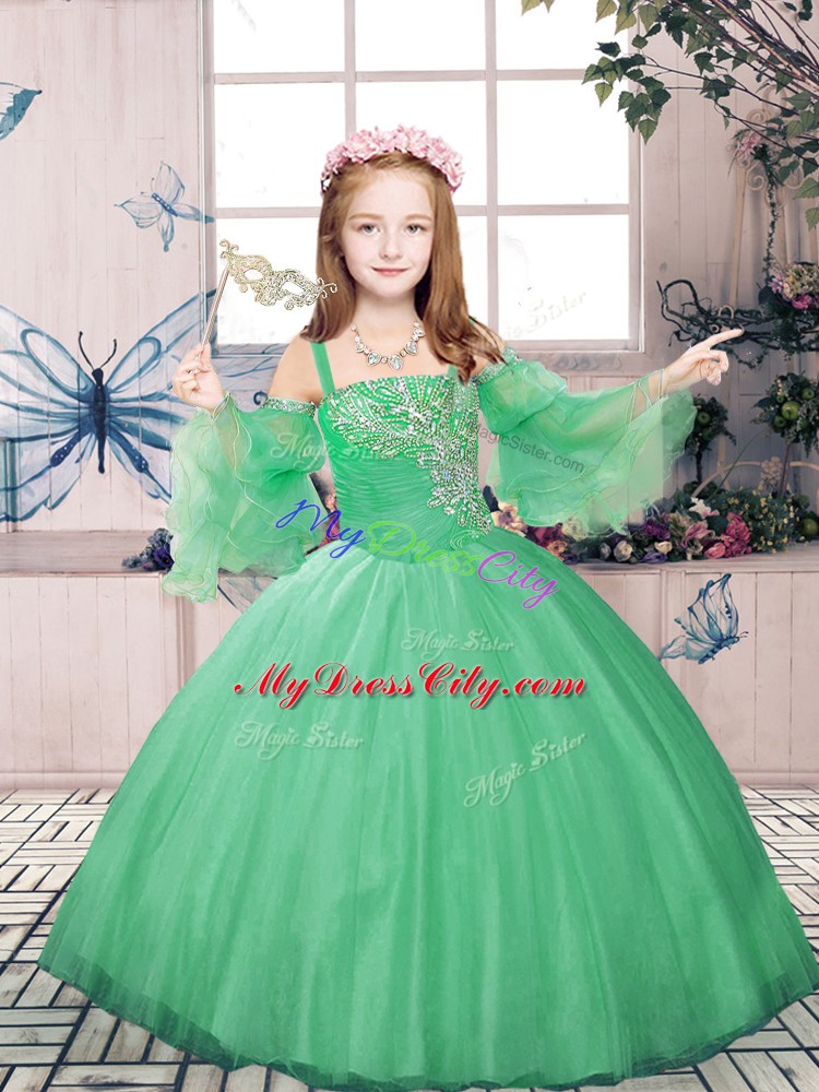 Perfect Green Straps Neckline Beading Little Girls Pageant Gowns Sleeveless Lace Up