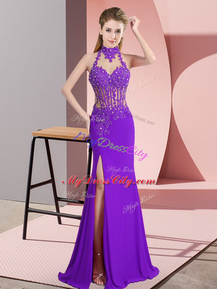 Purple Column/Sheath Beading Prom Gown Backless Chiffon Sleeveless Floor Length