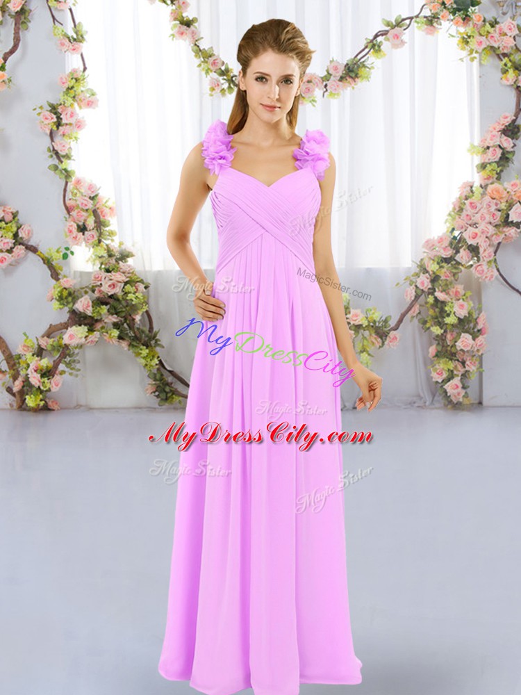 Extravagant Lilac Empire Hand Made Flower Damas Dress Lace Up Chiffon Sleeveless Floor Length