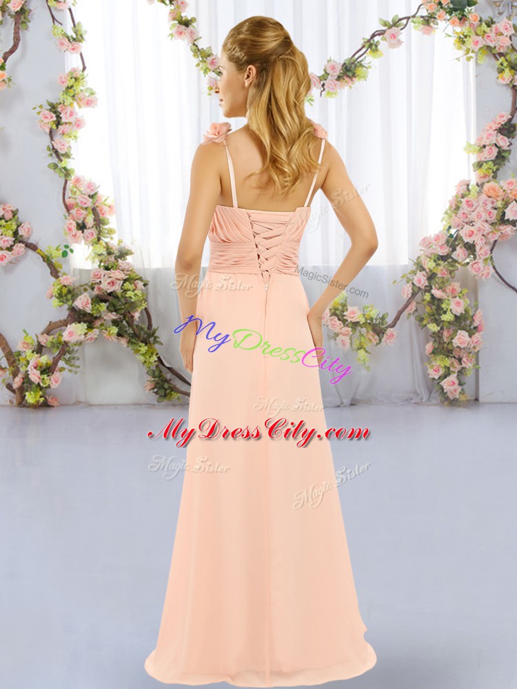 Extravagant Lilac Empire Hand Made Flower Damas Dress Lace Up Chiffon Sleeveless Floor Length