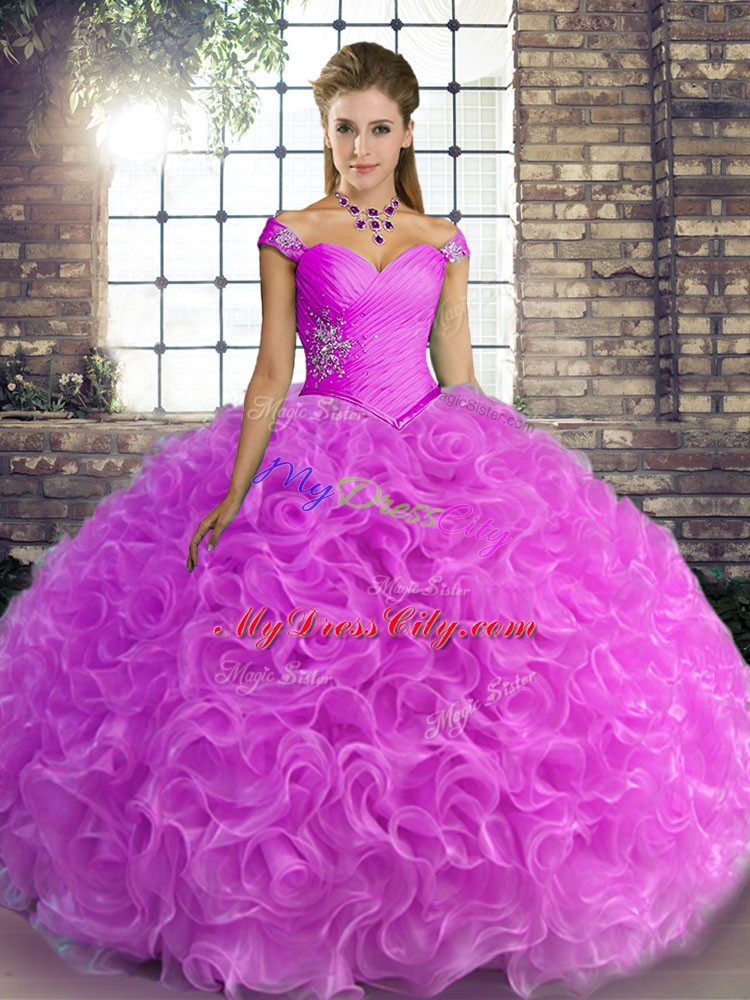 Exceptional Fabric With Rolling Flowers Off The Shoulder Sleeveless Lace Up Beading Sweet 16 Dress in Lilac