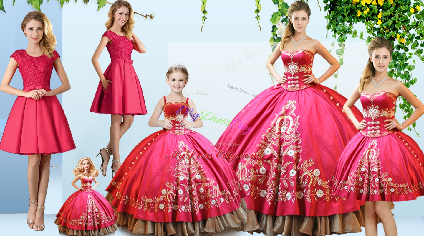 Hot Selling Hot Pink Satin Lace Up Sweetheart Sleeveless Floor Length Quinceanera Gown Embroidery