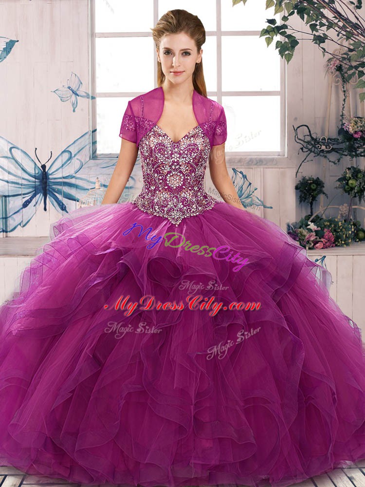 Fuchsia Lace Up Off The Shoulder Beading and Ruffles Sweet 16 Dress Tulle Sleeveless