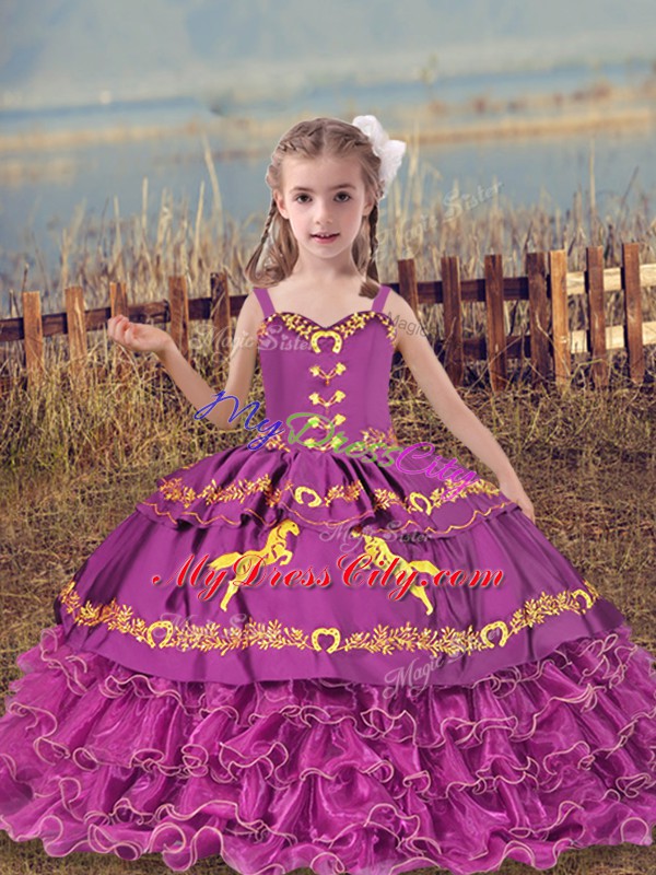 Floor Length Fuchsia Pageant Dress Toddler Straps Sleeveless Lace Up