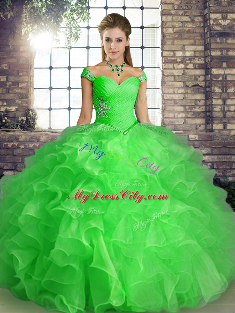 Off The Shoulder Sleeveless Organza Sweet 16 Dress Beading and Ruffles Lace Up