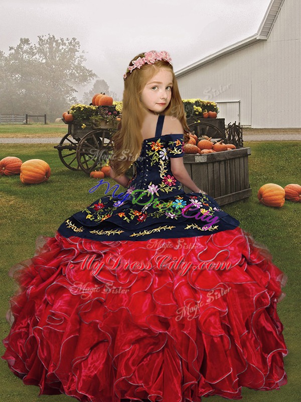 Sleeveless Lace Up Floor Length Embroidery and Ruffles Little Girls Pageant Gowns