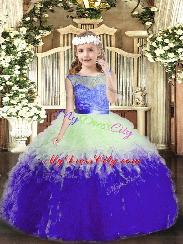 Fantastic Multi-color Scoop Backless Lace and Ruffles Pageant Dress Toddler Sleeveless