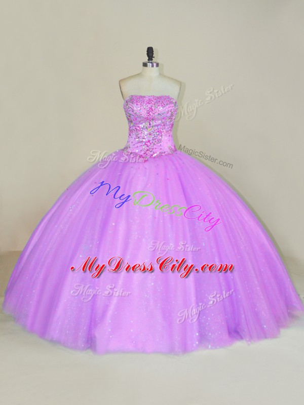 Lilac Lace Up Strapless Sequins Quinceanera Gown Tulle Sleeveless