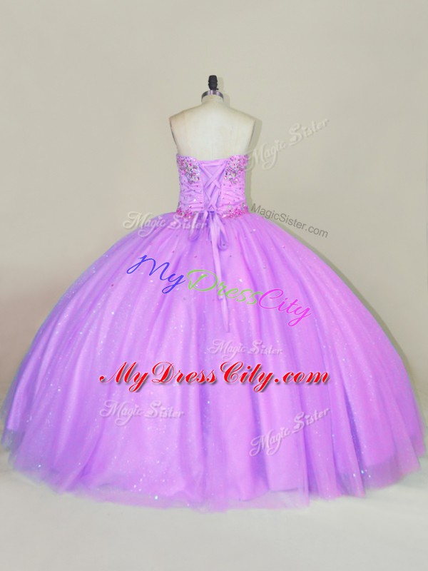 Lilac Lace Up Strapless Sequins Quinceanera Gown Tulle Sleeveless