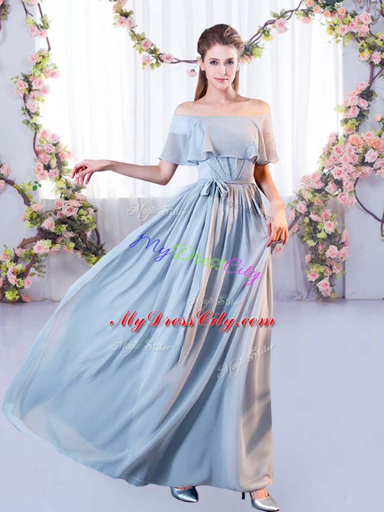 Popular Off The Shoulder Short Sleeves Lace Up Bridesmaid Gown Grey Chiffon