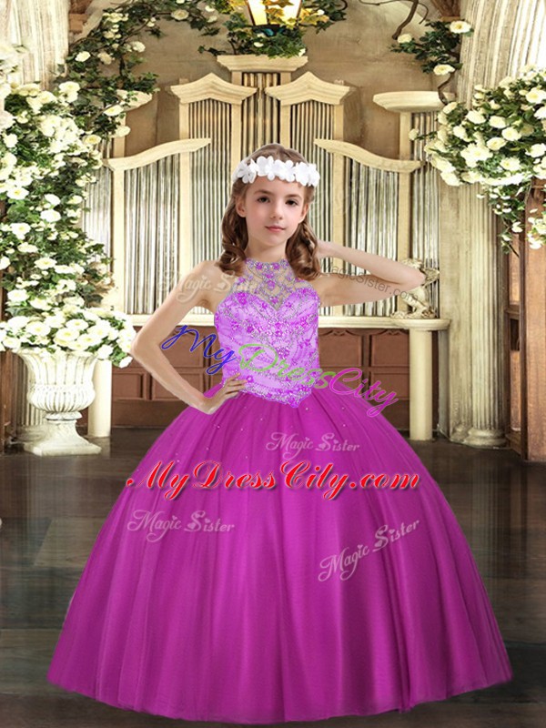 Fuchsia Lace Up Pageant Gowns For Girls Beading Sleeveless Floor Length