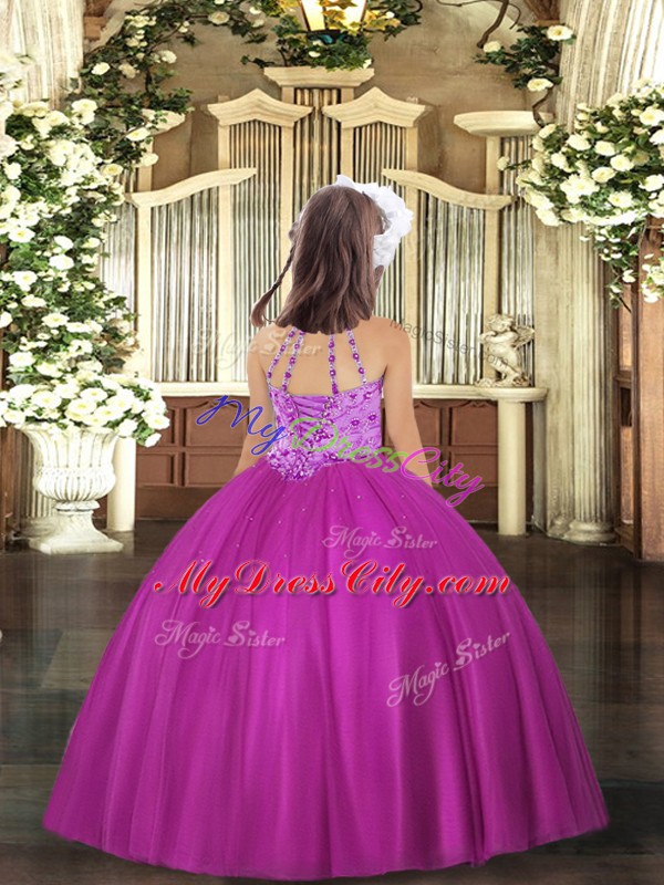 Fuchsia Lace Up Pageant Gowns For Girls Beading Sleeveless Floor Length