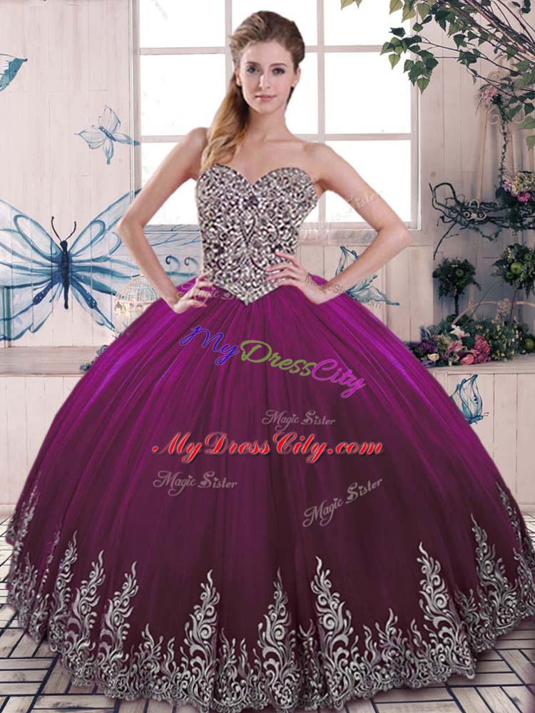 Tulle Sleeveless Floor Length Quinceanera Gowns and Beading and Embroidery