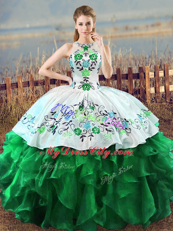 Floor Length Lace Up Quinceanera Gown Green for Sweet 16 and Quinceanera with Embroidery and Ruffles