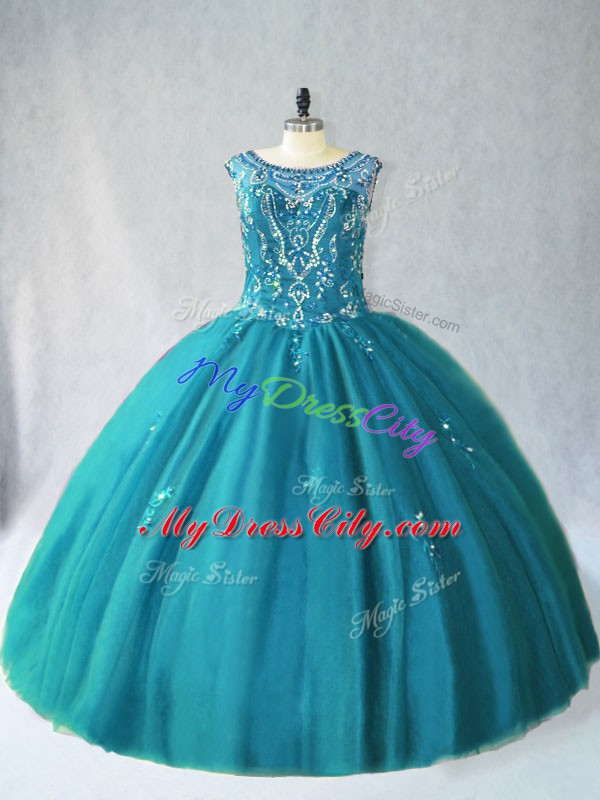 Eye-catching Sleeveless Tulle Floor Length Lace Up Quinceanera Dress in Teal with Beading