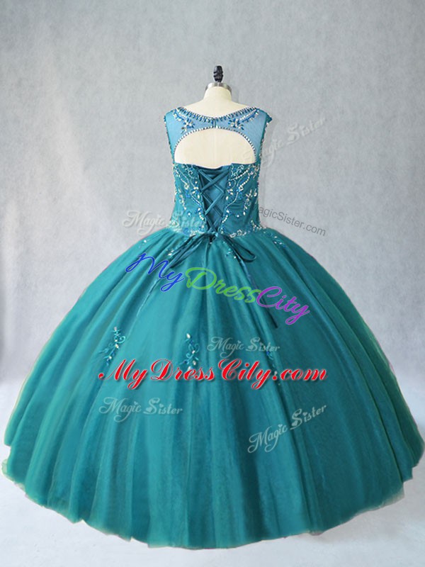 Eye-catching Sleeveless Tulle Floor Length Lace Up Quinceanera Dress in Teal with Beading