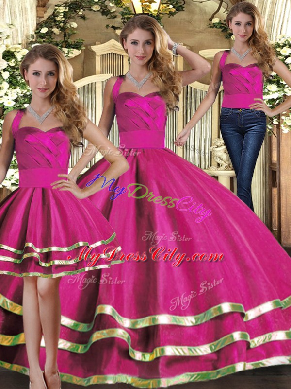 Floor Length Fuchsia Quinceanera Dress Halter Top Sleeveless Lace Up