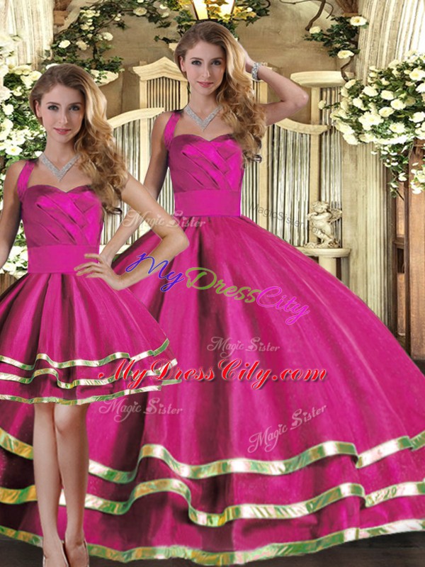 Floor Length Fuchsia Quinceanera Dress Halter Top Sleeveless Lace Up