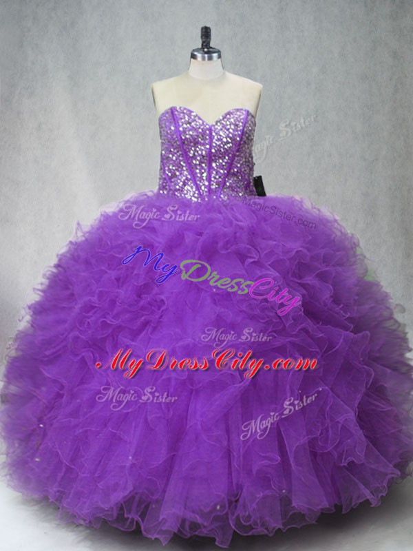 Customized Sleeveless Tulle Floor Length Lace Up Quinceanera Dress in Purple with Beading and Ruffles