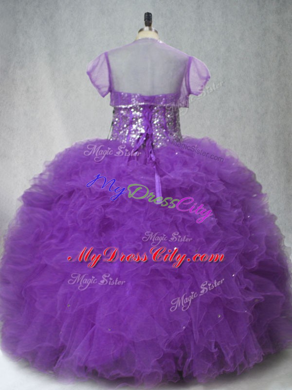 Customized Sleeveless Tulle Floor Length Lace Up Quinceanera Dress in Purple with Beading and Ruffles