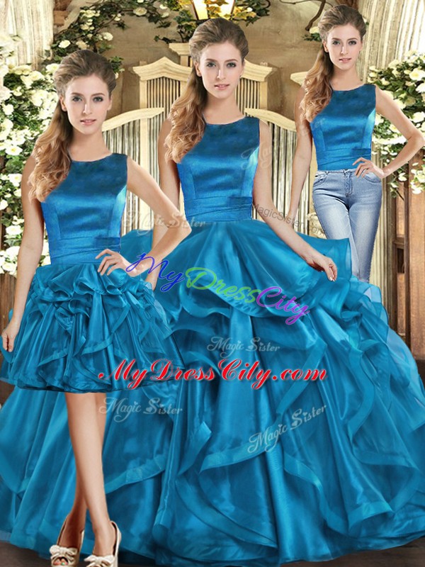 Dazzling Ruffles 15 Quinceanera Dress Teal Lace Up Sleeveless Floor Length