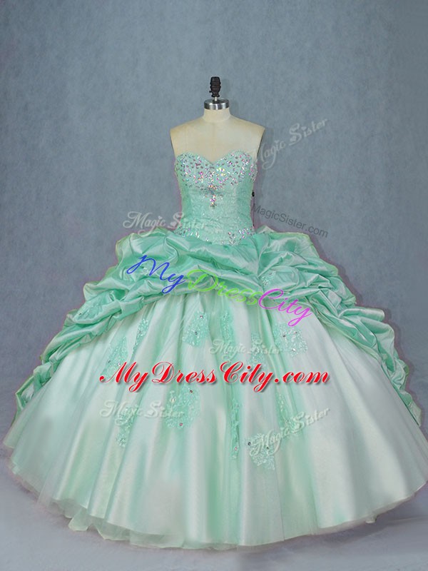 Sweetheart Sleeveless 15 Quinceanera Dress Brush Train Beading and Pick Ups Apple Green Organza and Taffeta