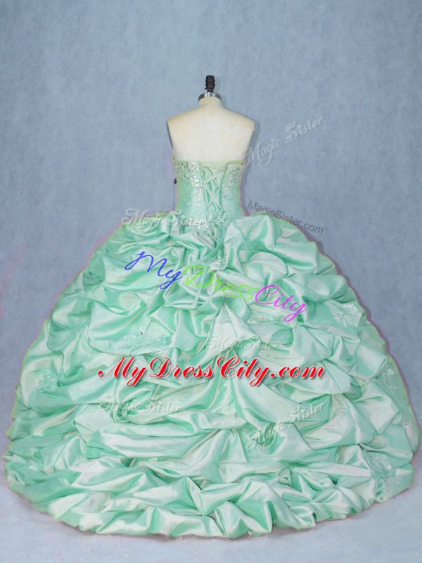 Sweetheart Sleeveless 15 Quinceanera Dress Brush Train Beading and Pick Ups Apple Green Organza and Taffeta