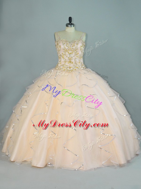 Beading and Ruffles Sweet 16 Dress Champagne Lace Up Sleeveless Floor Length